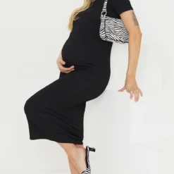 Maternité Robe De Grossesse Mi-longue Noire Côtelée à Col Ras-du-cou -Jolie Vêtue Soldes Magasin 2469fcbac9ab3406b81639348239340a21f09aa7 cms0989 4