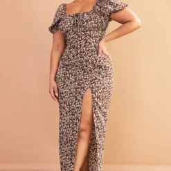 Plus Robe Mi-longue Marron Chocolat à Petites Fleurs -Jolie Vêtue Soldes Magasin 24f23ebede5b3912a9203195f48683b5730f8f06 cmv8003 4