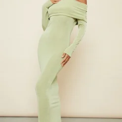 Robe Moulante Longue En Acétate Vert Sauge à Manches Longues Et Col Bardot -Jolie Vêtue Soldes Magasin 24f6eaef94b81cd13da3074514d7101349c0adfd cnd7641 3