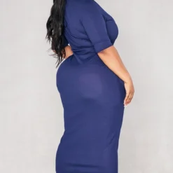 Plus Robe Mi-longue Côtelée Bleu Marine à Col Montant Et Demi-manches -Jolie Vêtue Soldes Magasin 25597ed979429d72ebcc9fbf86e42b8945420858 cnd3029 2