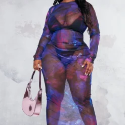 Plus Robe Longue Violette En Mesh Imprimé à Manches Longues