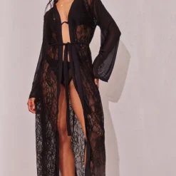 Robe De Chambre Longue En Dentelle Noire à Manches Volantées -Jolie Vêtue Soldes Magasin 275d9b5021881229296a046464638314e0d0ab68 cne6070 3