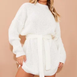 Robe Pull En Maille Tricot Gaufrée Crème