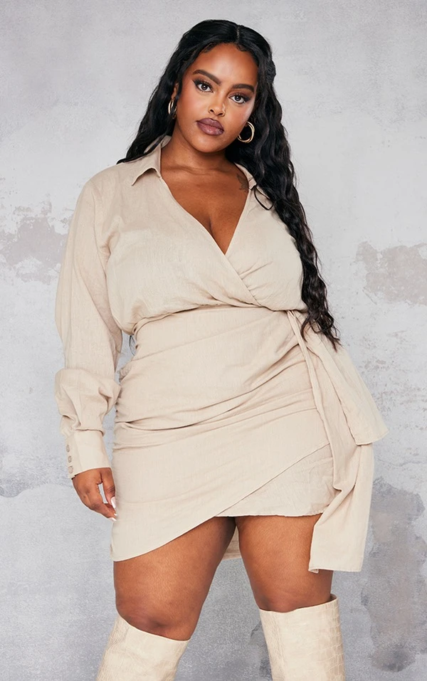 Plus Robe Chemise Portefeuille Gris Pierre à Effet Drapé 5 Plus Robe Chemise Portefeuille Gris Pierre à Effet Drapé – Image 3