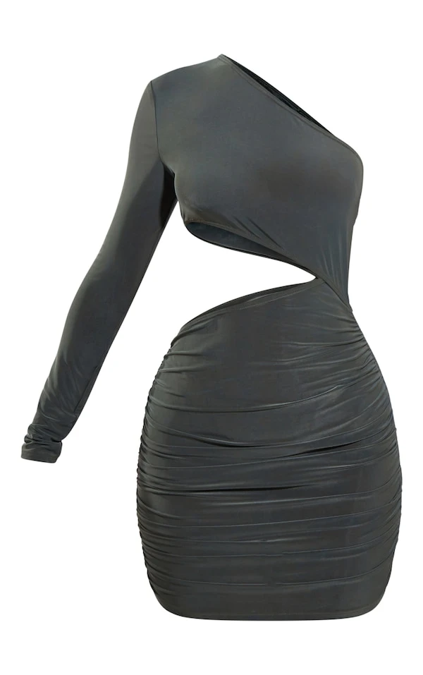 Petite Robe Très Moulante Froncée Vert Olive Asymétrique Découpée à La Taille 7 Petite Robe Très Moulante Froncée Vert Olive Asymétrique Découpée à La Taille – Image 5