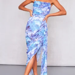 Robe-bustier Longue En Mousseline De Soie Froncée Fleurie Bleue à Jupe Drapée -Jolie Vêtue Soldes Magasin 28513376f9e316c6ef204b9fdfe252d325ba952e cne2984 3