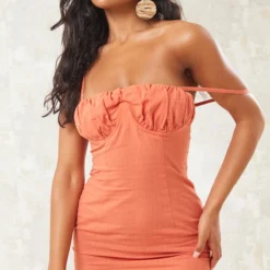 Robe Moulante Orange En Effet Lin à Bretelles Et Armatures -Jolie Vêtue Soldes Magasin 28a546c2b5674801d0222d27af86de97b0caebdf cne1394 4