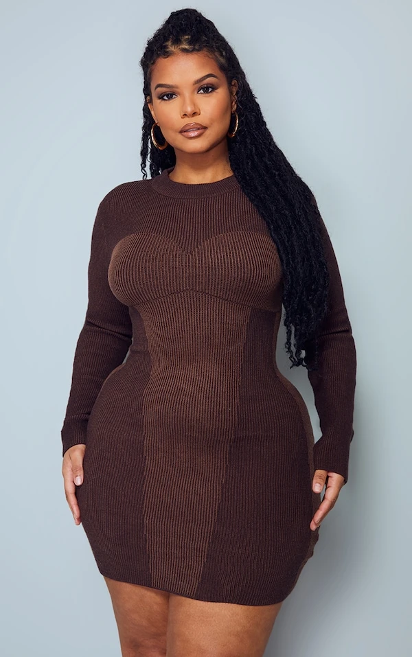 Plus Robe Marron à Deux Tons Contrastants Et Col Haut Détail Coutures 5 Plus Robe Marron à Deux Tons Contrastants Et Col Haut Détail Coutures – Image 3