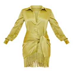 Robe Chemise Satinée Vert Citron à Détail Drapé Et Ourlet Frangé -Jolie Vêtue Soldes Magasin 295b890d7ba47a9a22712e1b25dd20eae7ef5aa4 cnd7687 5