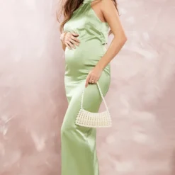 Maternité Robe Longue De Grossesse Satinée Sauge à Col Montant -Jolie Vêtue Soldes Magasin 299ce4c57dc05166d8d208265c9e2f0c15c96c7b cnd7251 3