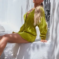 Robe Chemise Vert Olive Oversize à Taille Froncée -Jolie Vêtue Soldes Magasin 29d53405befab0de656bfdbeadfb269afcbb3933 CMS9355 4