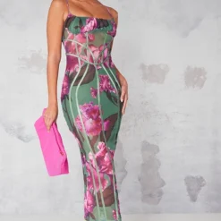 Robe Mi-longue Verte Fleurie En Mesh à Liserés