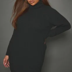 Plus Robe Pull En Maille Tricot Douce Noire à Col Montant