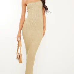 Tall Robe Bustier Mi-longue Sauge Chiné En Maille Tricot