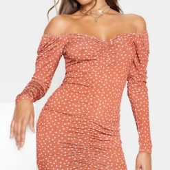 Robe Moulante Orange Terracotta Imprimé Pois à Manches Longues Et Devant Froncé -Jolie Vêtue Soldes Magasin 2bb2f57682eb01a02ff86ce70b3056485db7be46 CMS1125 3