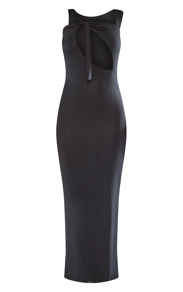 Robe Asymétrique Longue Très Moulante Noire à Bretelle Nouée 7 Robe Asymétrique Longue Très Moulante Noire à Bretelle Nouée – Image 5