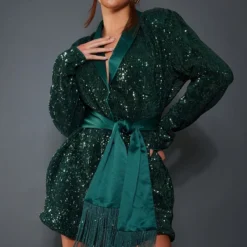 Robe Blazer Vert émeraude à Sequins Et Détail Frange