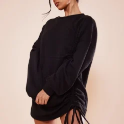 Robe Pull Oversize Noire En Sweat Froncé à Col Ras