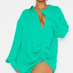 Plus Robe Chemise Texturée Verte à Détail Drapé Et Manches Longues -Jolie Vêtue Soldes Magasin 2e169cb92bfffe5452962356bed73a8d25e88f67 cmu4915 4