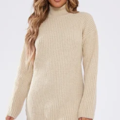 Robe Pull Oversize Gris Pierre En Maille Chunky à Col Roulé