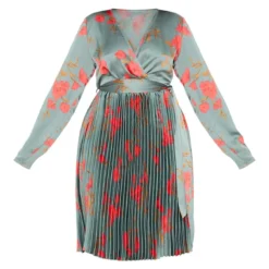 Plus - Robe Vert émeraude Florale Mi-longue Plissée à Manches Longues -Jolie Vêtue Soldes Magasin 2fcd654442b76349a427d3b1d78f8ca71bb6b076 CMA1227 3