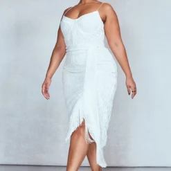 Plus Robe Mi-longue Drapée Blanche à Armatures Et Franges -Jolie Vêtue Soldes Magasin 30d200c16485445db7148e519bc5d7c007b0cecd cnb5216 3