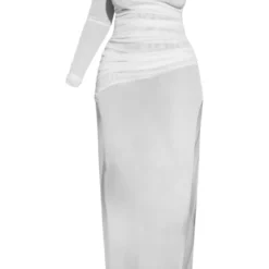 Plus Robe Longue En Mesh Transparent Blanc à Détail Jupe Froncée Et Fente Sur La Cuisse -Jolie Vêtue Soldes Magasin 30ef618684de5cff953ff26fad4109c4f6ead6b6 cne1007 5