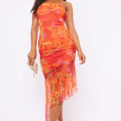Robe-bustier Asymétrique Mi-longue Orange Imprimé Abstrait à Ourlet Volanté