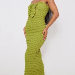 Robe Longue Bustier Texturée Vert Olive Nouée Sur Le Devant -Jolie Vêtue Soldes Magasin 3284a707134ea630c05f4a90336bac05db42b5c6 cmz4667 4
