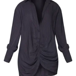 Robe Chemise Noire Froncée Devant Texturée à Manches Longues -Jolie Vêtue Soldes Magasin 32d039a66c672c08d15b9dde3d0082c4063ff258 cms6969 6