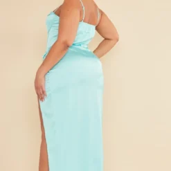 Plus Robe Mi-longue Satinée Turquoise Drapée Sur Le Buste -Jolie Vêtue Soldes Magasin 32eb50acdcb97b0b60dd35bc918b92cb73abdd7f cnc9566 2