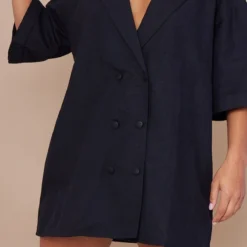 Robe Blazer Noire Effet Lin Oversize à Manches Courtes Et Double Boutonnière -Jolie Vêtue Soldes Magasin 334e65717d7cbd6b0b58f9f9f473d4d90e7be9ba cmz1807 4