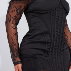 Shape Robe Moulante Noire Satinée à Parties En Dentelle Et Col Bardot -Jolie Vêtue Soldes Magasin 336a65b9a22d6a09f693b10b618d7f47ded6dfb3 cna6214 4