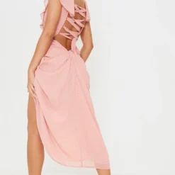 Robe Mi-longue Drapée Rose Imprimé Pois à Dos Lacé