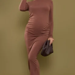 Maternité Robe Mi-longue De Grossesse Chocolat Froncée à Manches Longues -Jolie Vêtue Soldes Magasin 340fe86bfae8f1529c43957b78ebb39d960b4f56 cnc4890 3