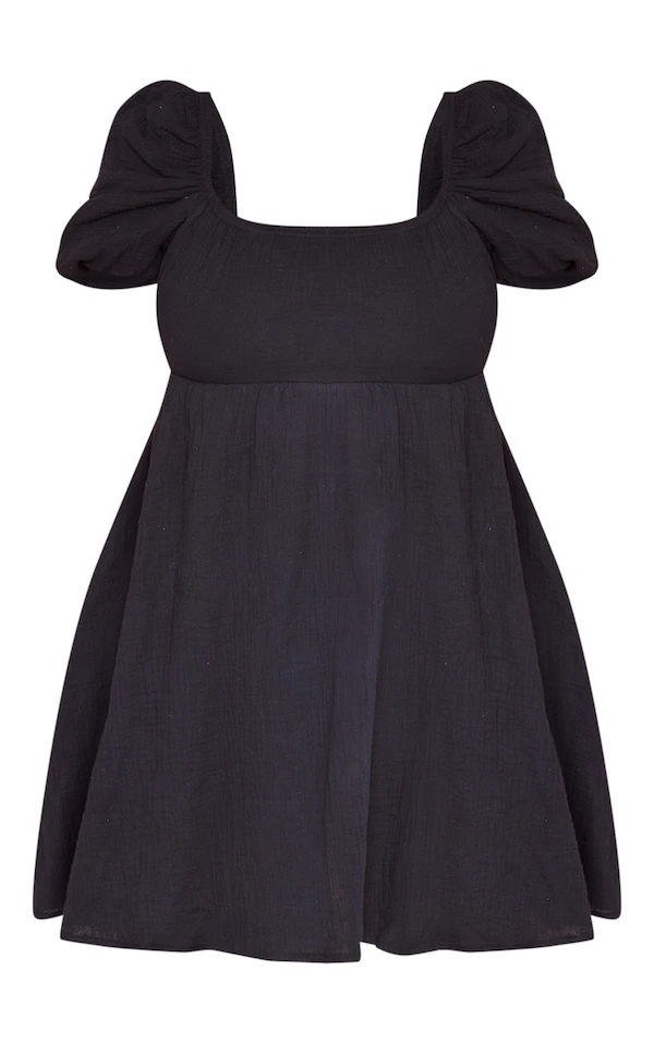 Plus Robe Droite En Effet Lin Texturé Noir à Manches Bouffantes 7 Plus Robe Droite En Effet Lin Texturé Noir à Manches Bouffantes – Image 5