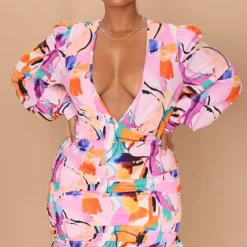 Plus Robe Moulante Froncée Multicolore Imprimé Abstrait à Décolleté -Jolie Vêtue Soldes Magasin 34896641f2aefc92b27396dcd60e6d284b25fc33 cmw4094 4