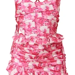 Robe Moulante Rose Vif Fleurie Imprimé Abstrait Froncée à Bretelles Et Volants -Jolie Vêtue Soldes Magasin 353cff7befb3982b4a4d2a8ae6eccb28830126f1 cmy1656 6