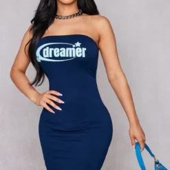 Petite Robe Bustier Courte Bleu Marine Graphique