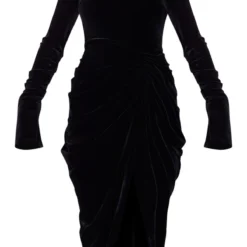 Robe Mi-longue Fendue En Velours Drapé Noir à Col Montant Et Manches -Jolie Vêtue Soldes Magasin 35a6af82fc1abd46ef45e1734a73462fec3aa735 cnb8009 5