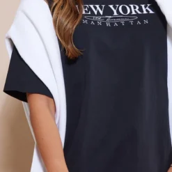 Robe T-shirt Noire à Manches Courtes Et Slogan Badge New York -Jolie Vêtue Soldes Magasin 362e32b26597952d923ac57f64b5ea848da5a636 cnd4018 4
