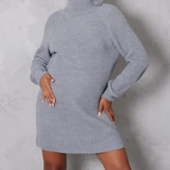 Maternité Robe Pull De Grossesse Gris Chiné Oversize à Col Montant