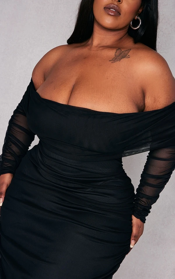 Plus Robe Mi-longue En Mesh Noir à Col Bardot Et Manches Longues 6 Plus Robe Mi-longue En Mesh Noir à Col Bardot Et Manches Longues – Image 4