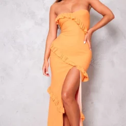 Robe Longue Bustier Orange à Fente Et Volants