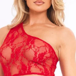 Robe Longue Asymétrique Transparente En Dentelle Rouge à Découpes -Jolie Vêtue Soldes Magasin 374b7c523d6479a645bb8987d8f8351e535b56de cne3800 4