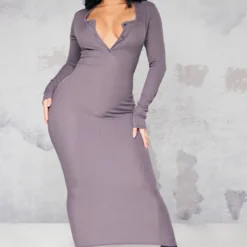 Shape Robe Mi-longue Anthracite Côtelée à Manches Longues Et Boutons à L'avant