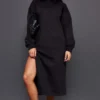 Robe Sweat Longue Noire à Col Montant Et Doublure En Polaire