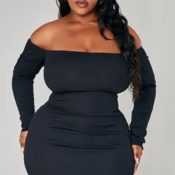 Logic Plus Robe Moulante Noire Côtelée à Col Bardot Et Manches Longues -Jolie Vêtue Soldes Magasin 38436f8d2375ac6dc514395c547f558d7401143f cnb7003 3