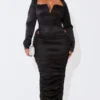 Plus Robe Corset Longue Satinée Noire à Fronces