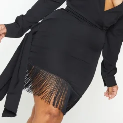 Plus Robe Moulante Noire à Manches Longues à Franges Aux Ourlets Détail Drapée -Jolie Vêtue Soldes Magasin 38cde600199ed9884a90d1c18d0ff5367431f761 cms6618 5